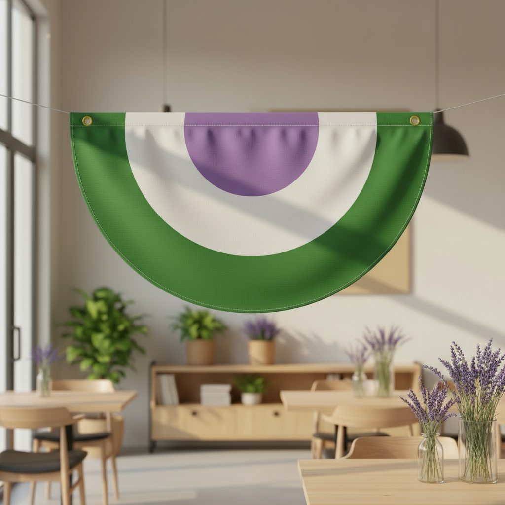 Semicircular green, white, and purple bunting hanging in a sunlit room