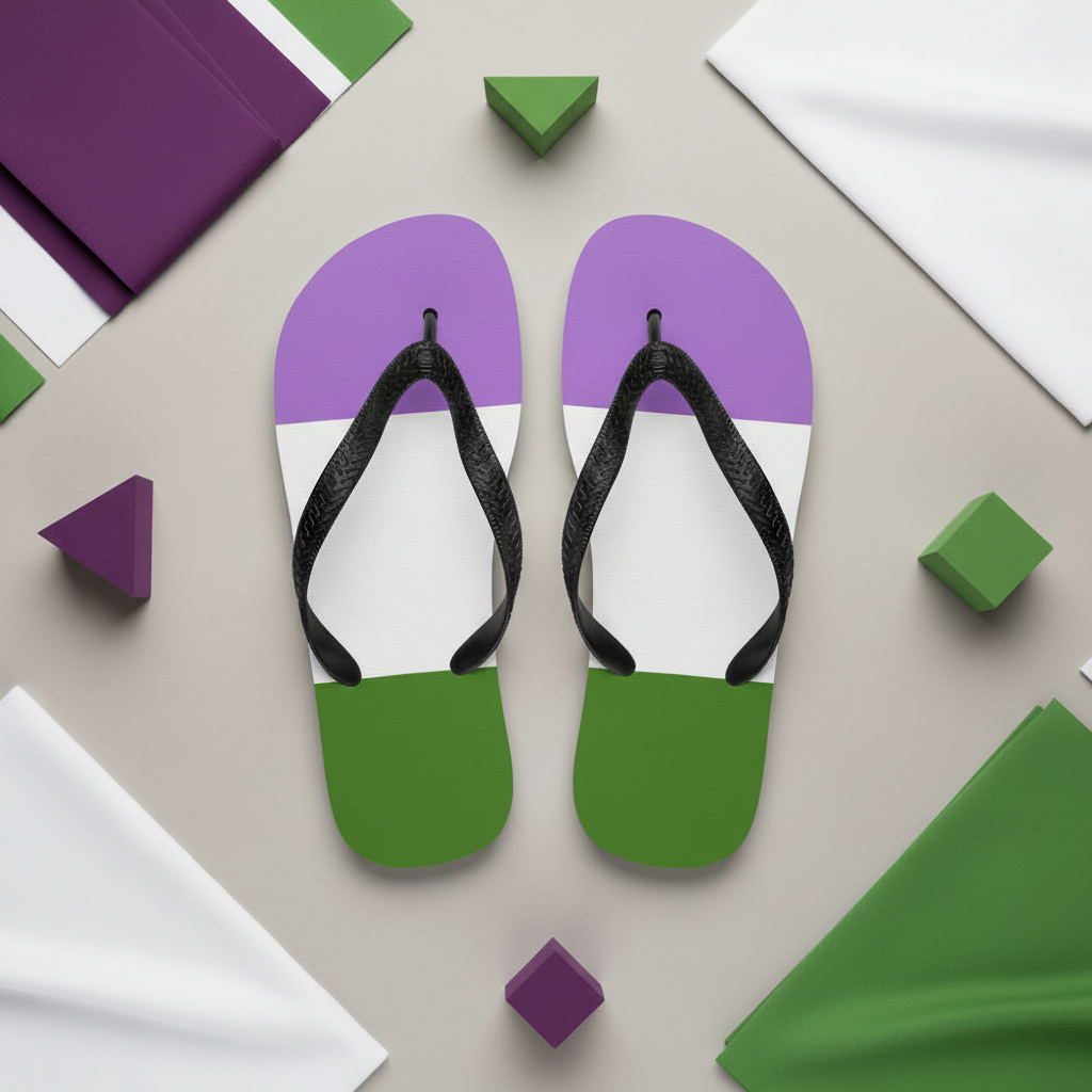 Genderqueer Pride flip-flops with bold purple, white, and green stripes and black straps rest