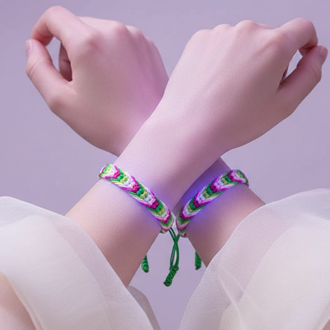 Two crossed wrists wearing matching bright chevron-patterned woven bracelets