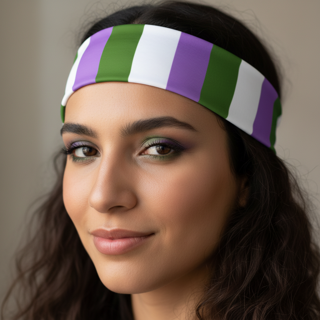 Genderqueer Pride Headband with green, purple, and white stripes on person with wavy brown hair; matching eyeshadow