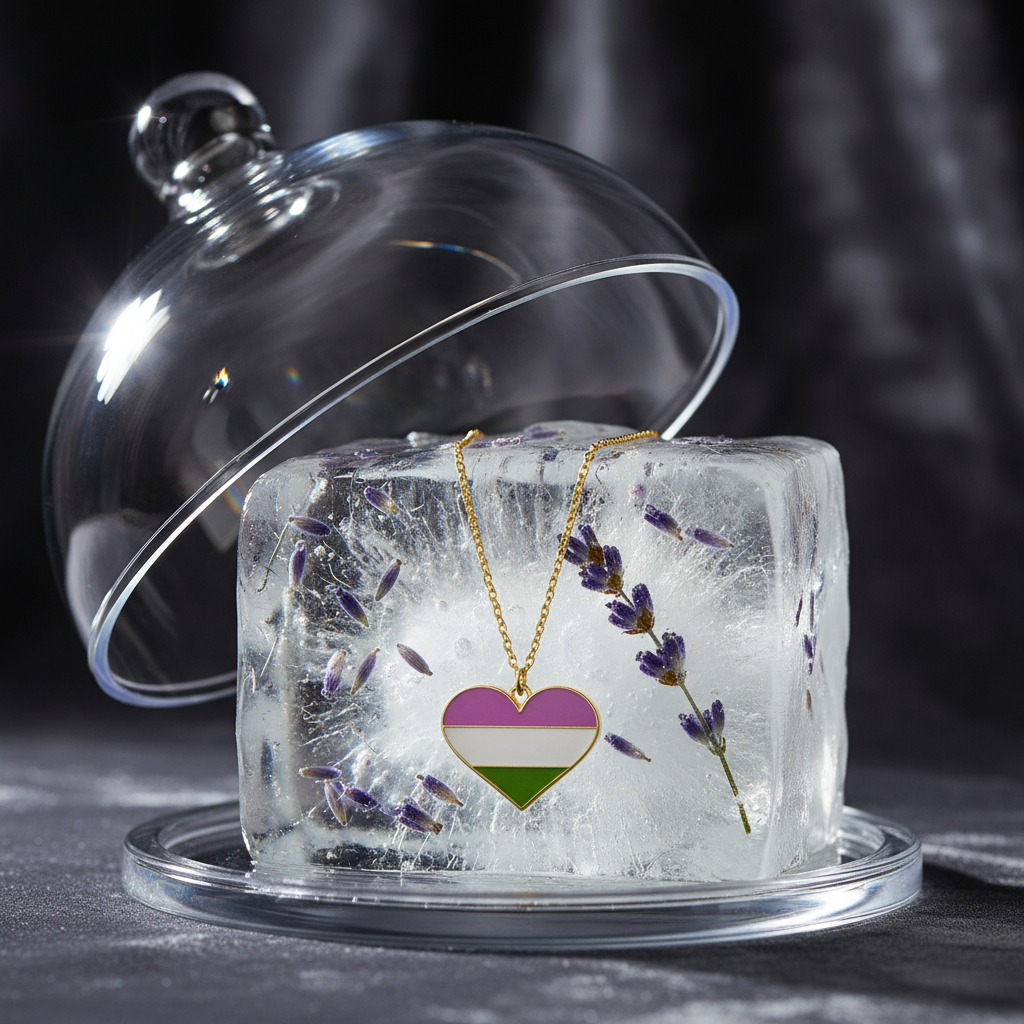 Gold chain with a heart pendant displayed against a lavender-filled block of ice