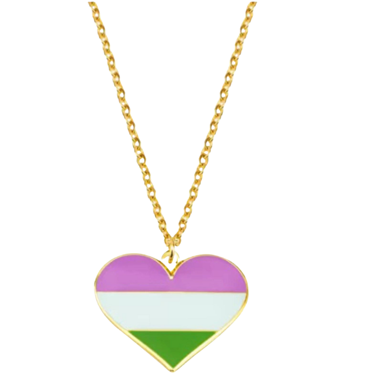 Gold-tone chain necklace with a heart pendant featuring purple, white, and green stripes