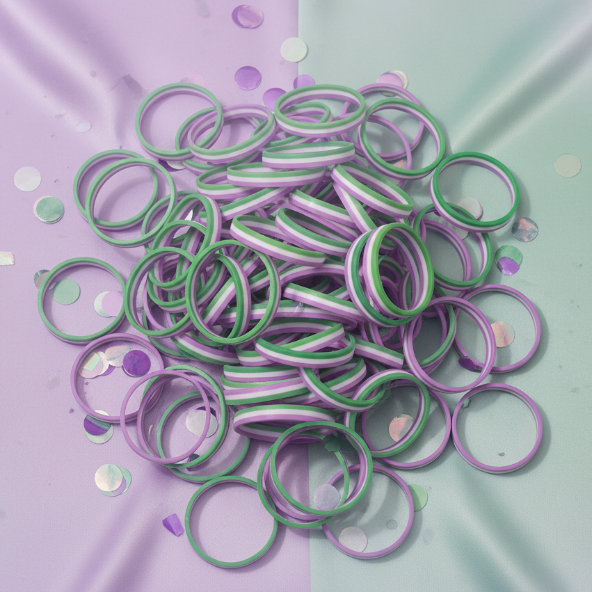 Pile of green, lavender, and white rubber wristbands on pastel confetti