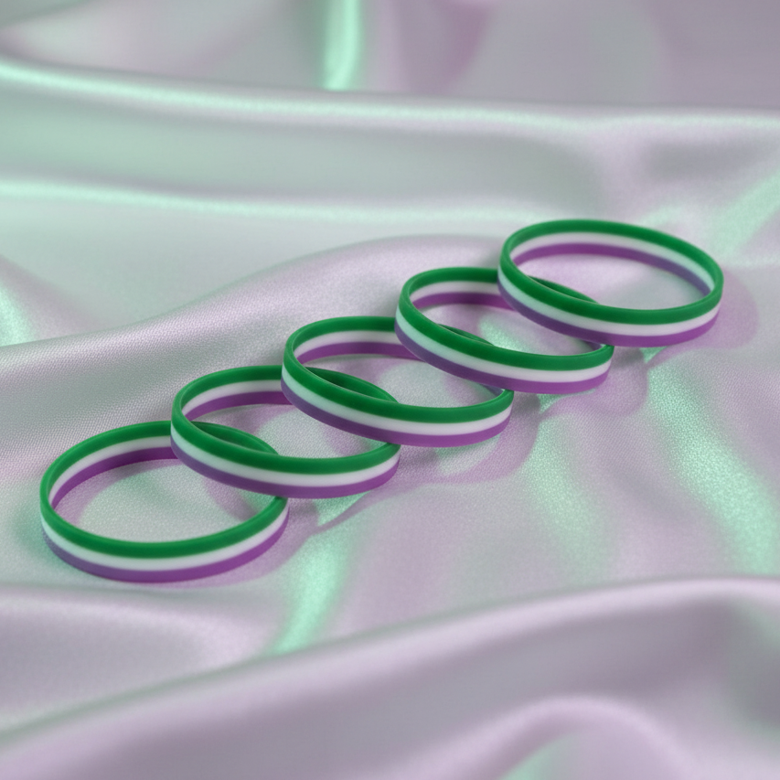 Five genderqueer pride rubber wristbands in green, white, and purple on satin fabric