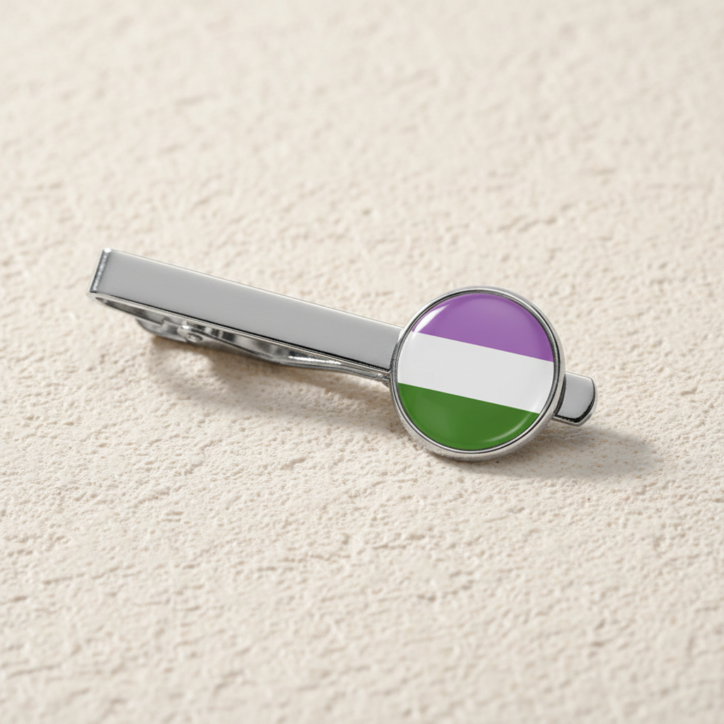 Genderqueer Pride tie clip featuring a circular badge with lavender, white
