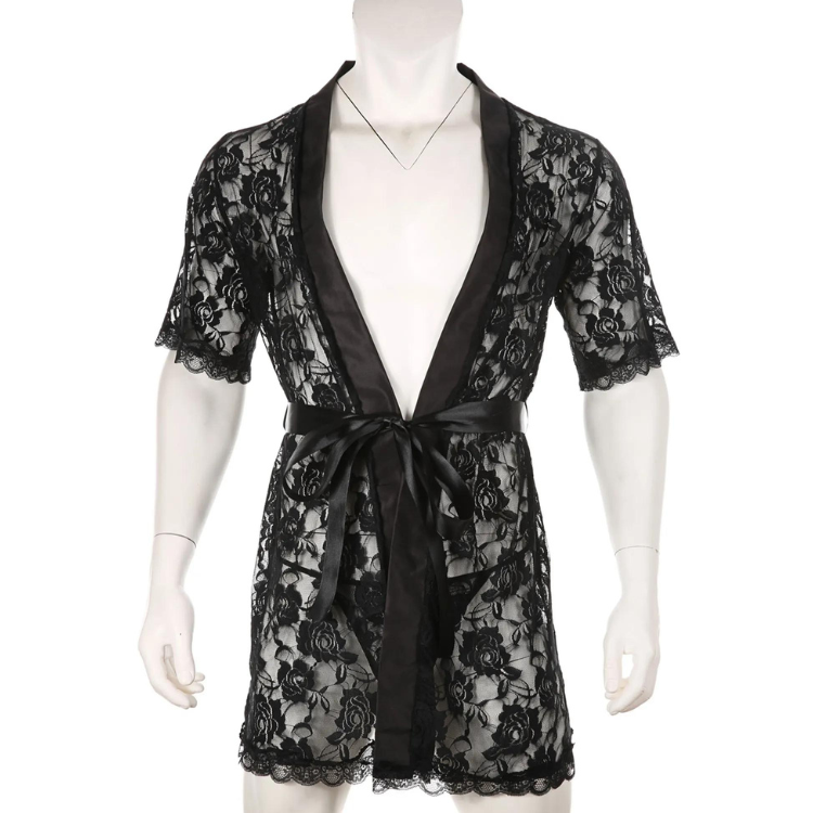 Front-view mannequin wearing a black sheer floral lace robe with satin trim and waist tie