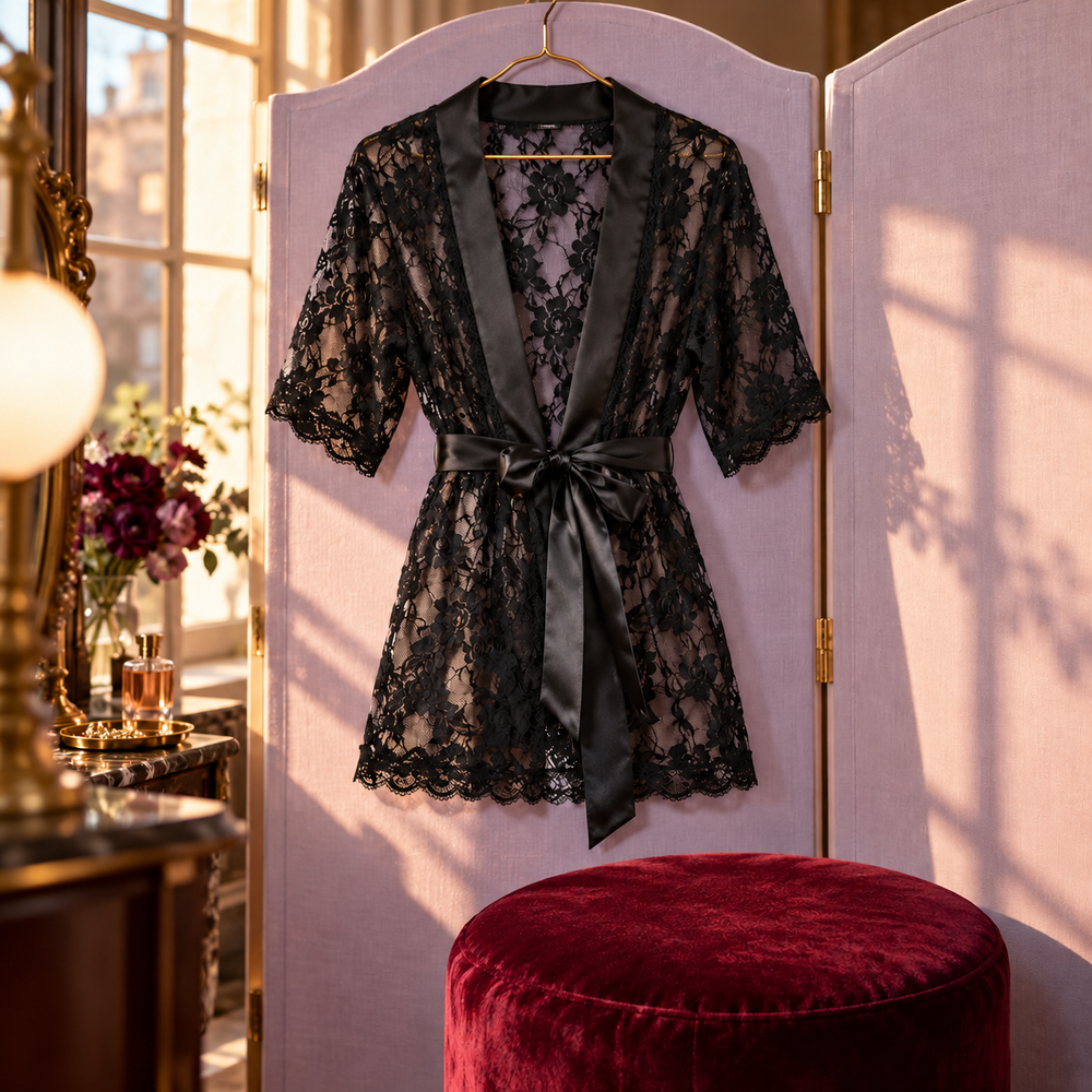 Short black floral lace robe with satin edging and waist tie, hanging against a lavender dressing screen.