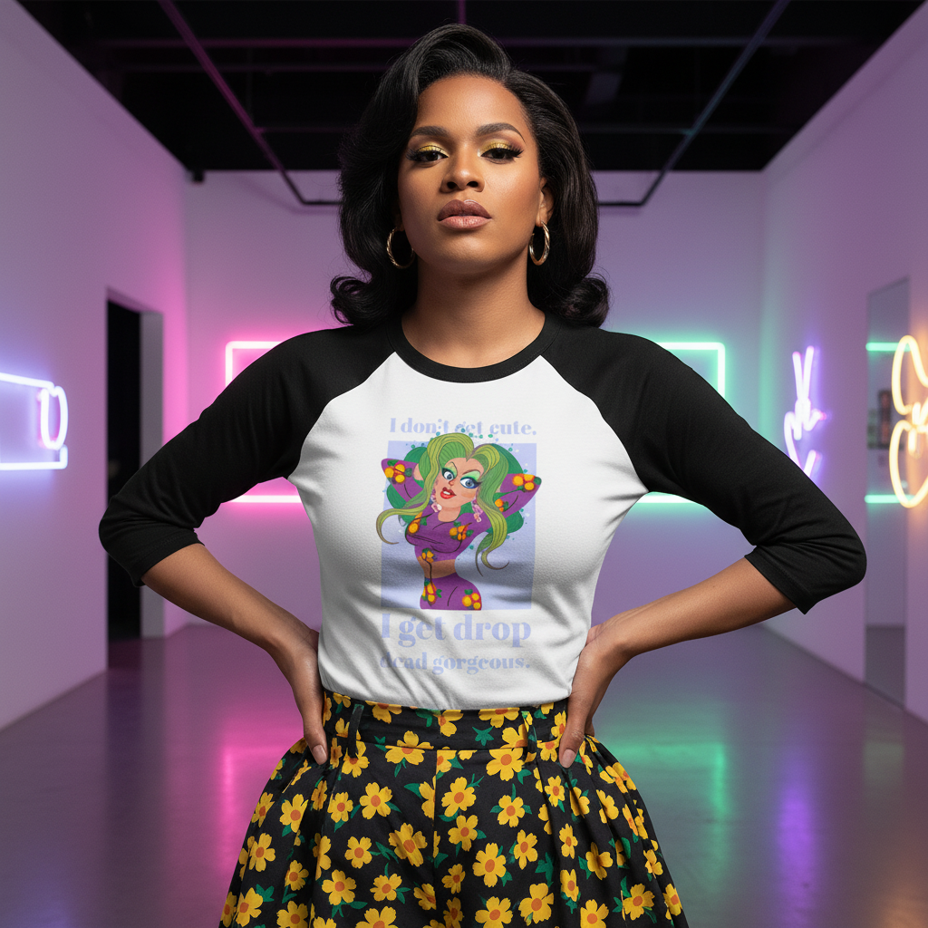 Get Drop Dead Gorgeous 3/4 sleeve raglan shirt with bold cartoon art
