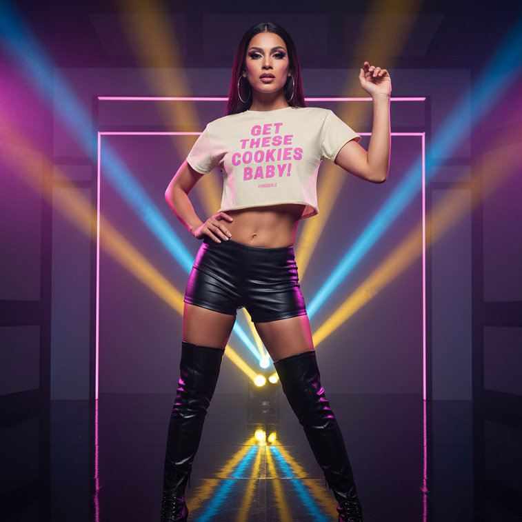 Get These Cookies Crop Top with bold pink lettering, styled with black leather shorts and thigh-high boots