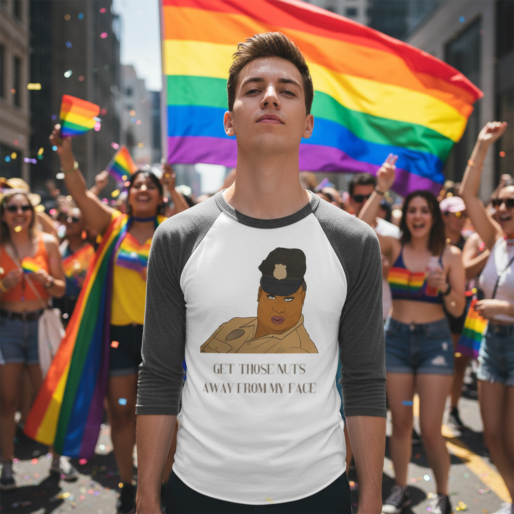 3/4 sleeve raglan shirt with “Get Those Nuts Away From My Face!” slogan, worn by a person at Pride near a big rainbow flag