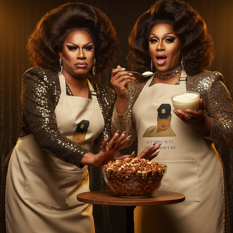 Two drag performers wear beige printed aprons beside a bowl of snack mix; one holds a spoon and dip