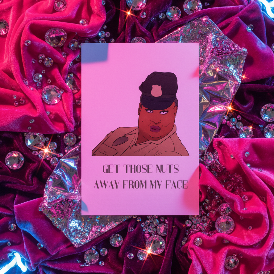Postcard with "Get Those Nuts Away From My Face!" in bold on pink, featuring a stern guard, rhinestones