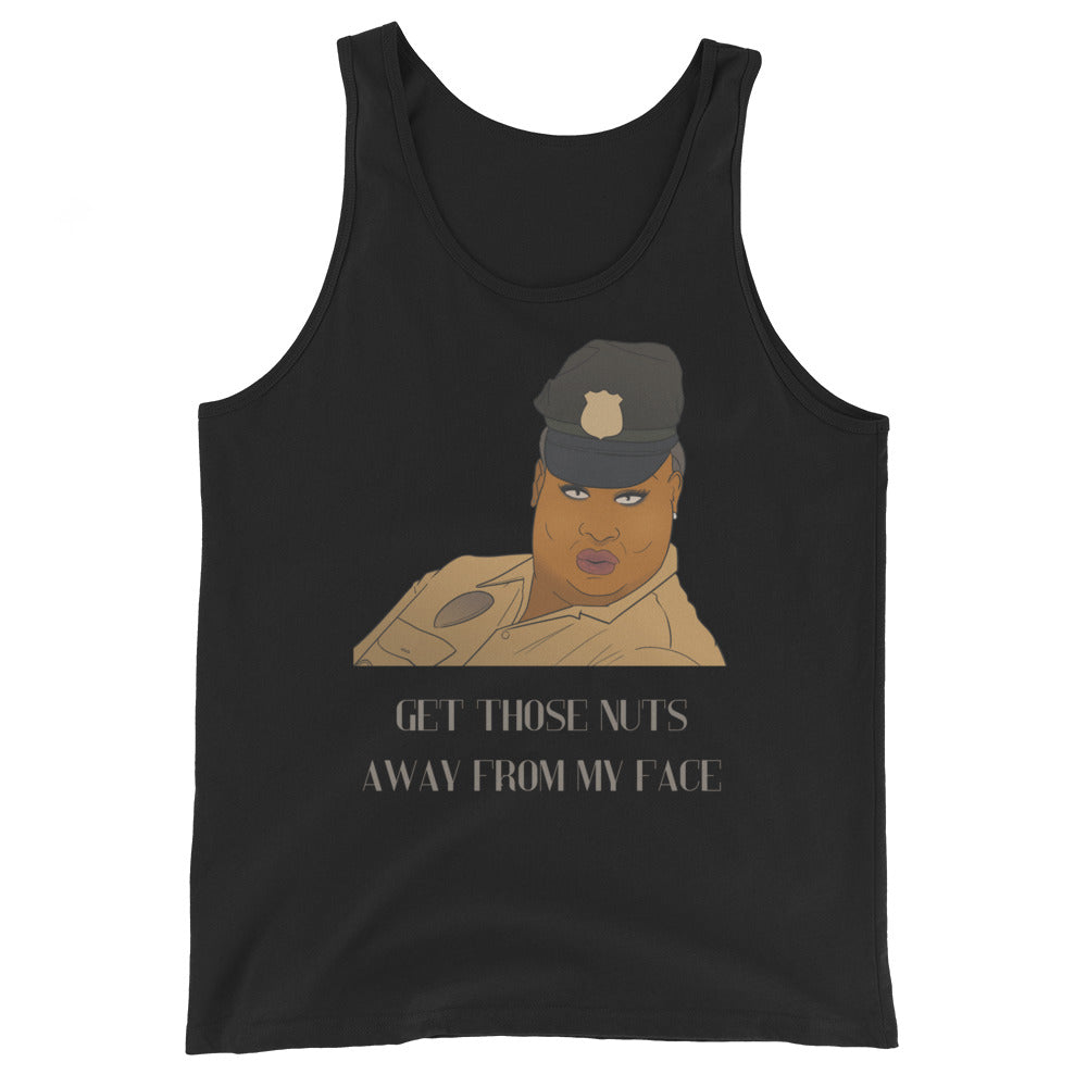 Black tank top with a cartoon police officer and “GET THOSE NUTS AWAY FROM MY FACE” text