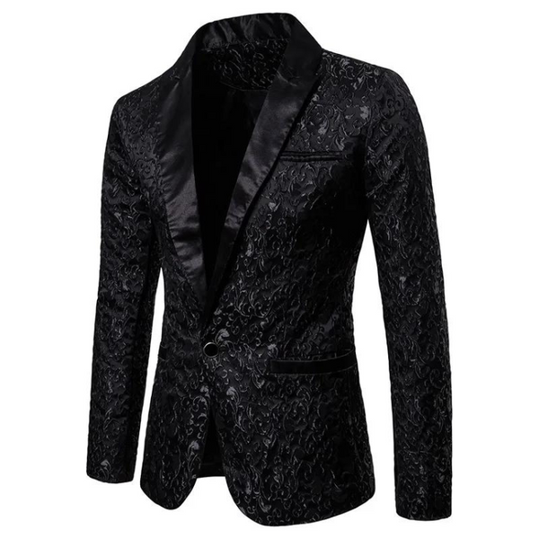 Front view of a black jacquard blazer with satin peak lapels and flap pockets
