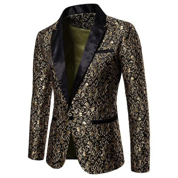 Front-facing black satin blazer with gold scroll pattern and black shawl lapels
