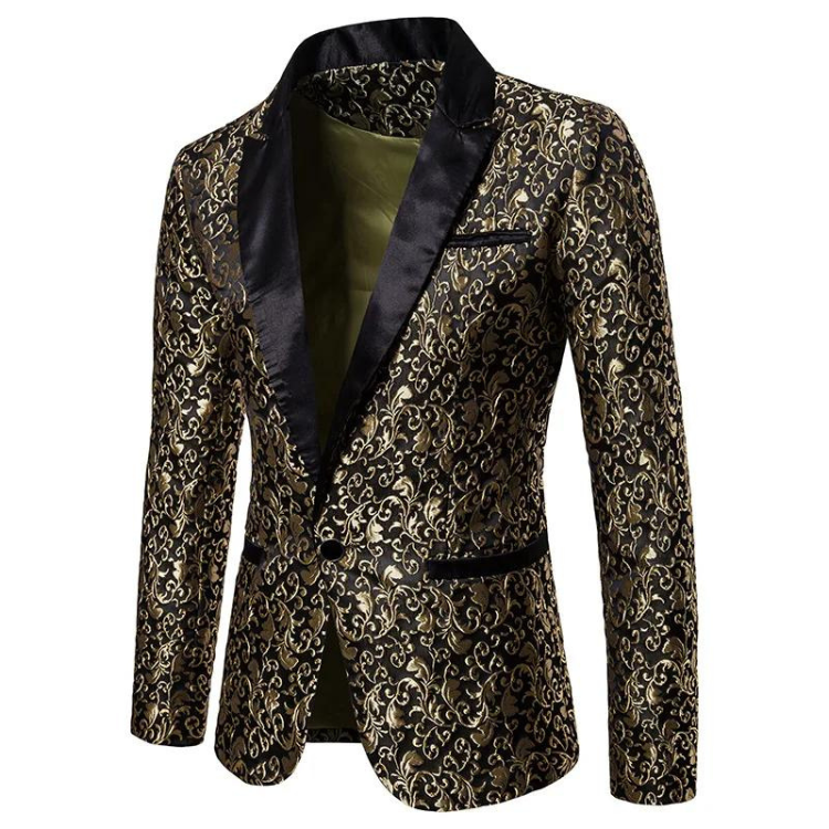 Front-facing black satin blazer with gold scroll pattern and black shawl lapels
