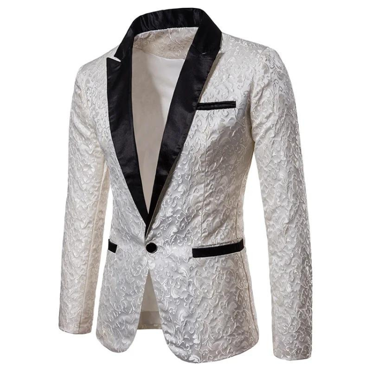 White patterned blazer with black satin lapels, pocket trim, and a single-button front