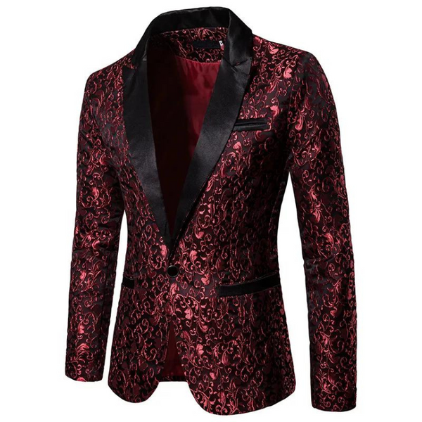 Front view of a burgundy and black patterned satin blazer with black lapels