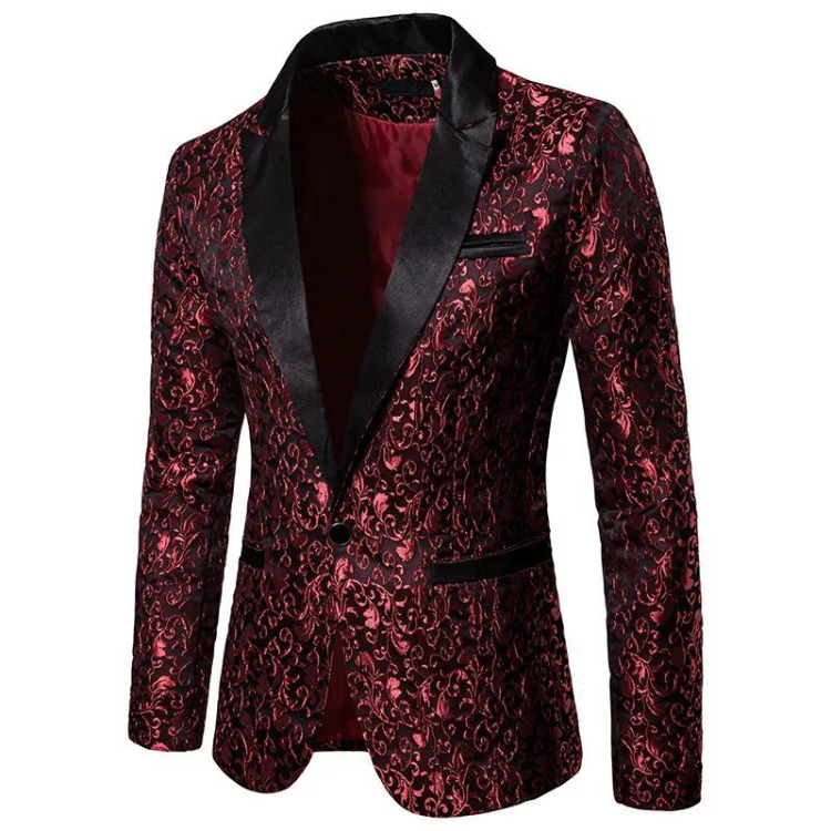 Front view of a burgundy and black patterned satin blazer with black lapels