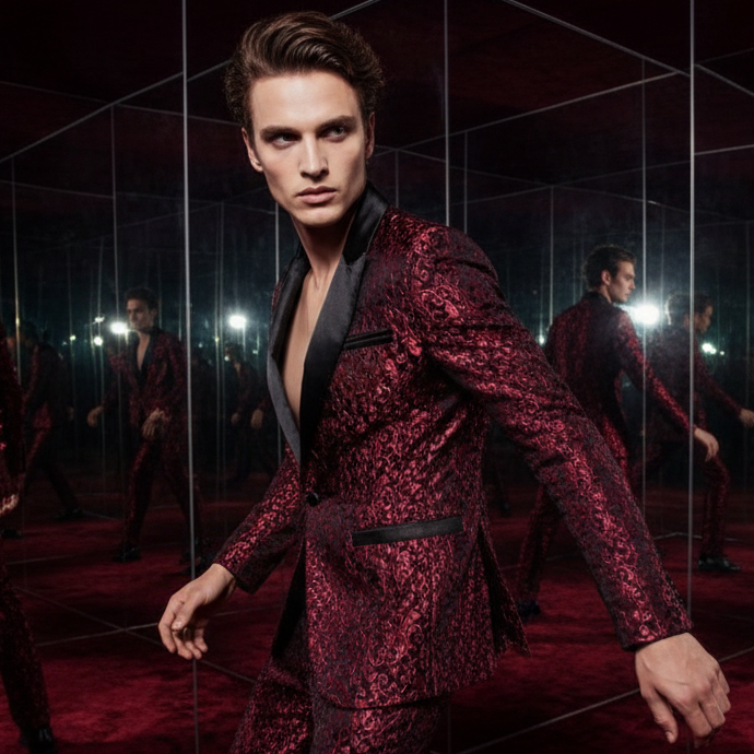 Model wearing a burgundy embossed satin blazer with black lapels in a mirrored room
