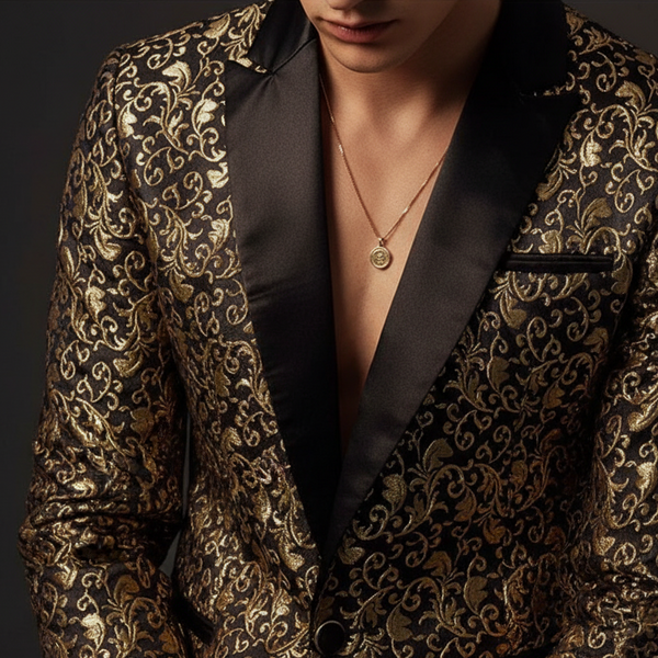 Close-up model view of a black satin blazer with ornate gold scrollwork and shawl lapels