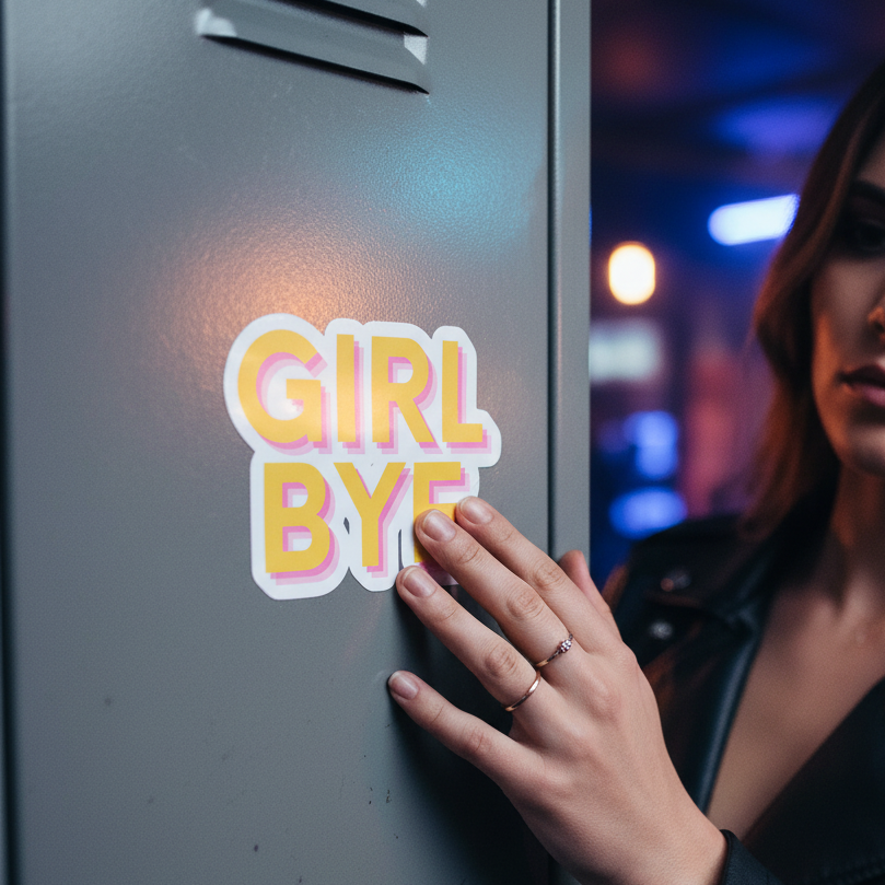 The "Girl Bye" bubble-free sticker is placed on a gray locker by a femme in a black leather jacket