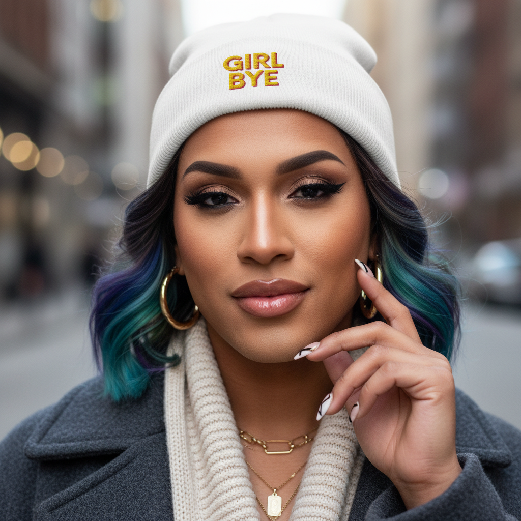 Girl Bye Cuffed Beanie on person with wavy teal-tipped hair, gold hoops, gray coat, chunky sweater; city street vibe
