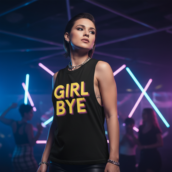 Girl Bye Muscle Top with bold lettering, rocked by a confident person at a neon club; pink, blue