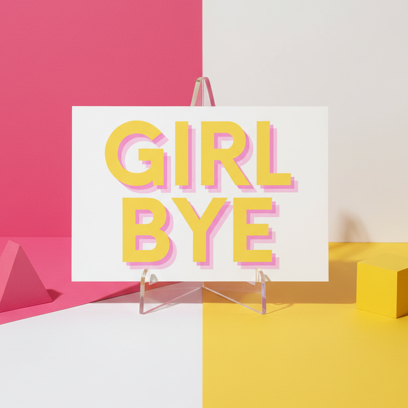 Girl Bye Postcard: bold yellow text with pink shadows on a white card, diagonally split pink and yellow background