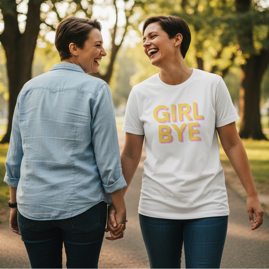 LGBTQ+ slogan tee with “GIRL BYE” in bright rainbow letters