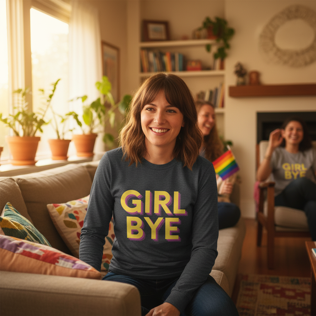Long sleeve unisex tee with “GIRL BYE” printed on front