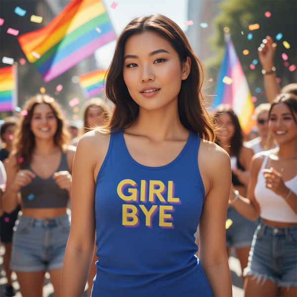 Girl Bye Unisex Tank Top with bold yellow and pink text