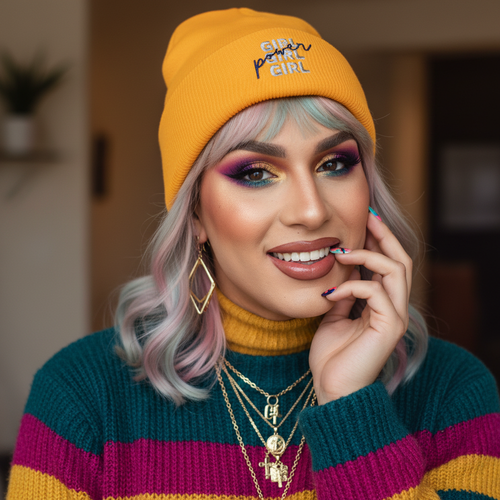 Yellow "Girl Girl Girl Power" cuffed beanie, pastel pink hair, bold eye makeup, gold chains, striped queer sweater