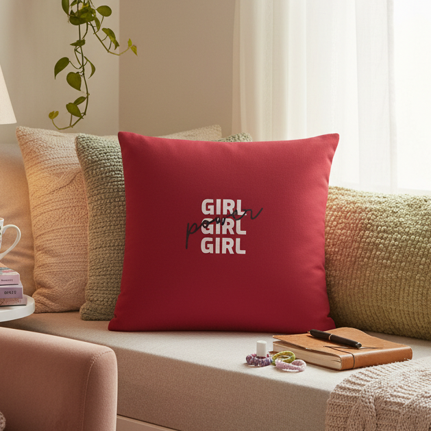 Red "Girl Girl Girl Power" cushion with "GIRL" in white and "power" in cursive
