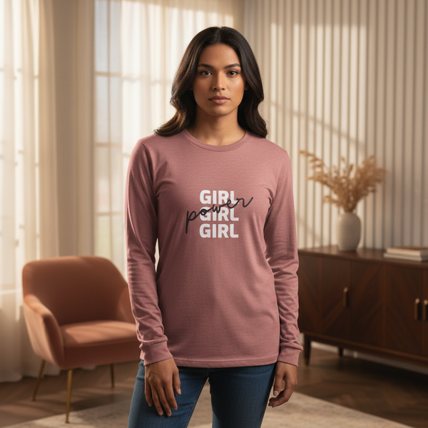 Unisex long sleeve tee with “GIRL POWER GIRL” on front, worn by person in cozy room with pink chair, brown cabinet