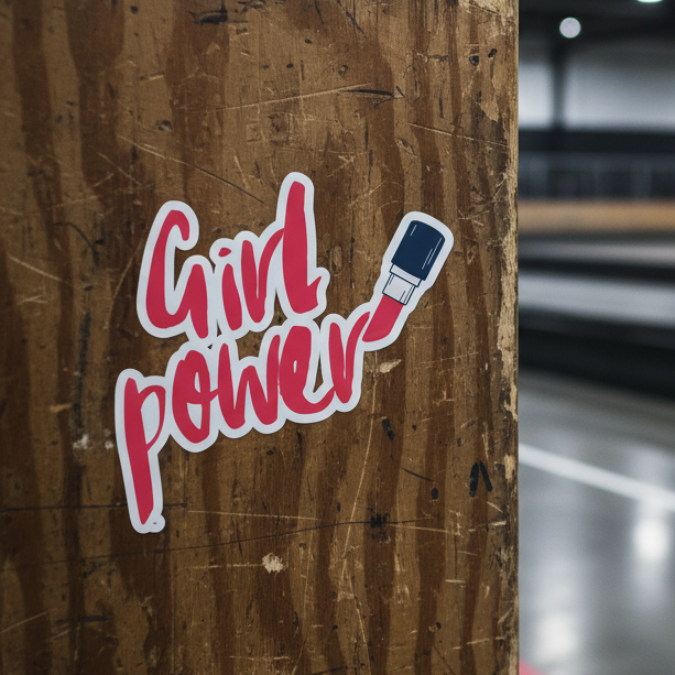 Girl Power Bubble-Free Sticker with bold red script and lipstick art pops on wood, set against a muted