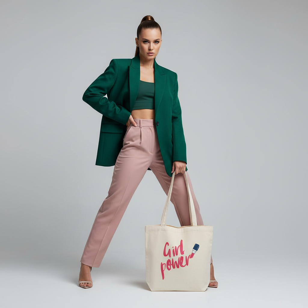 Girl Power Eco Tote Bag with a lipstick graphic, shown on a person in a green blazer, green top, pink pants