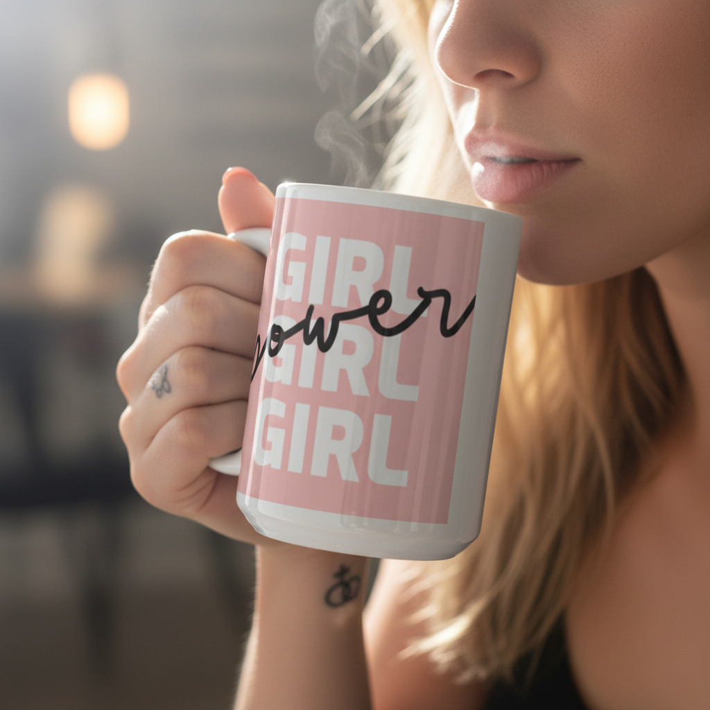 Close-up of a person holding a pink mug reading “GIRL GIRL GIRL” with “power” in black script
