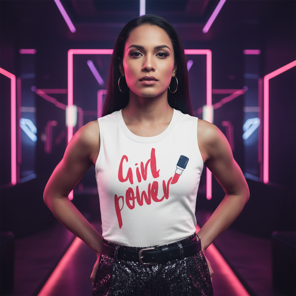 Girl Power Muscle Top: white relaxed-fit tank with “Girl Power” and a lipstick graphic