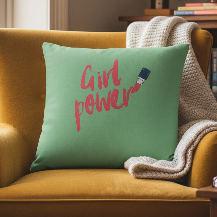 Girl Power pillow with bold pink script and lipstick graphic on mustard-yellow chair, knit blanket, and books
