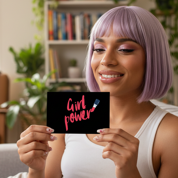 The Girl Power Postcard with lipstick art and bold “Girl Power” text, held by a person with lavender hair and pink eyeshadow