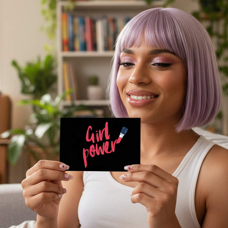 The Girl Power Postcard with lipstick art and bold “Girl Power” text, held by a person with lavender hair and pink eyeshadow