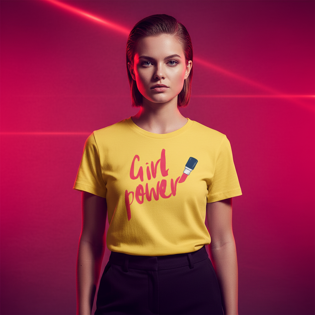 Girl Power T-Shirt with bold red handwritten “Girl Power” text and a blue-white lipstick graphic