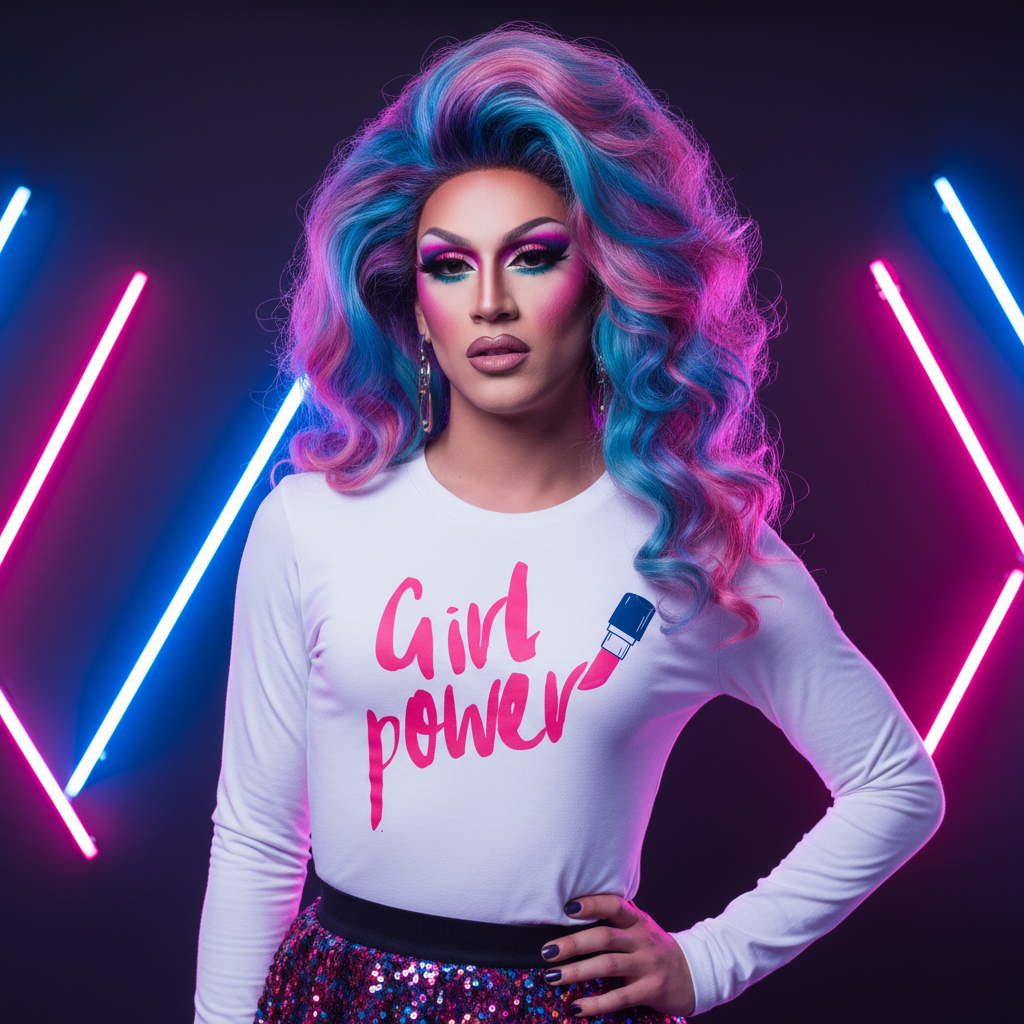 Unisex long sleeve tee with "Girl power" and lipstick graphic, rocked by a drag queen in bold blue-pink hair