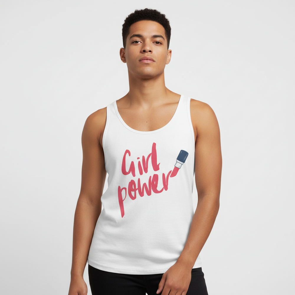 Girl Power Unisex Tank Top, white and sleeveless with bold pink "Girl Power" script, worn by a short-haired person