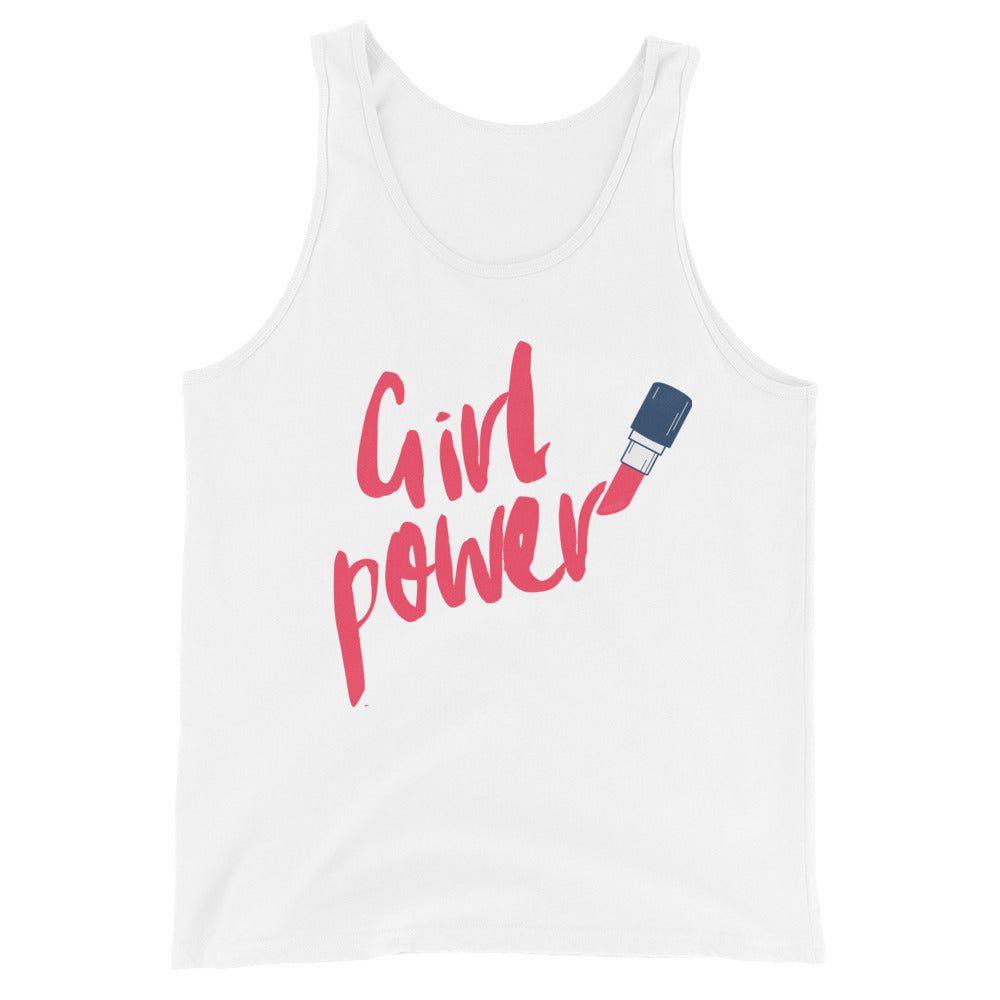 Unisex tank top with "Girl power" in bold pink letters; "power" styled like lipstick