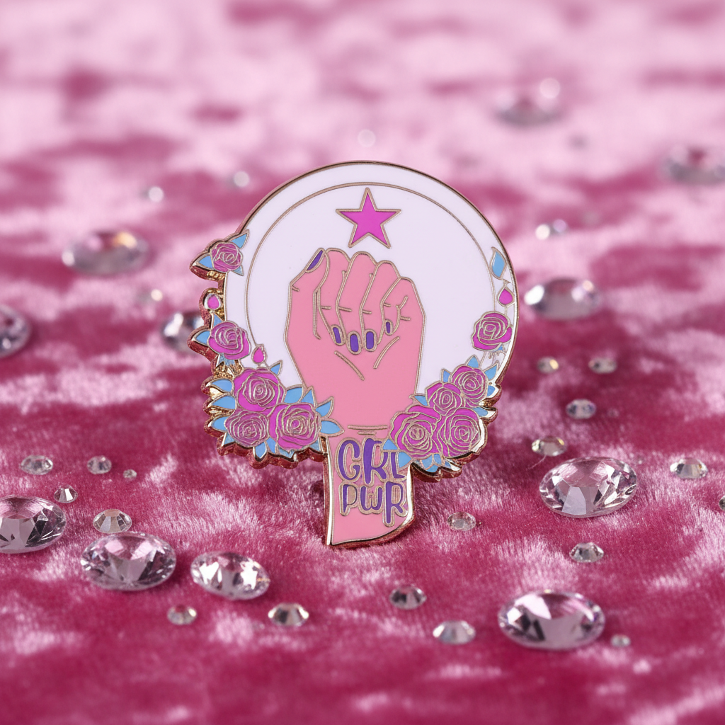 Girl PWR enamel pin with pink raised fist, star, and roses on pink velvet