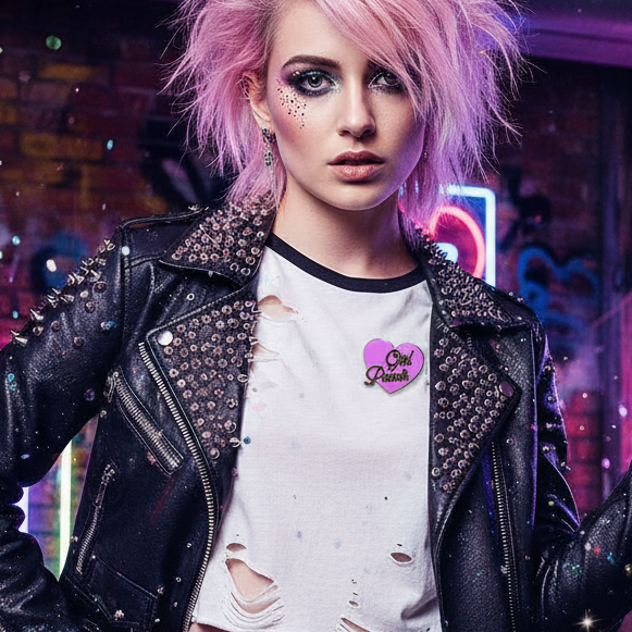 Girl Power heart enamel pin on a distressed white T-shirt worn with a studded leather jacket