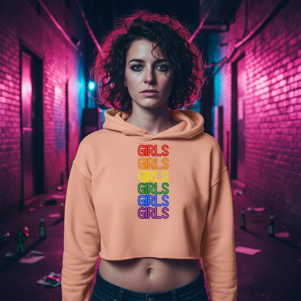Girls Girls Girls Crop Hoodie: peach, cropped, “GIRLS” in rainbow colors for queer pride