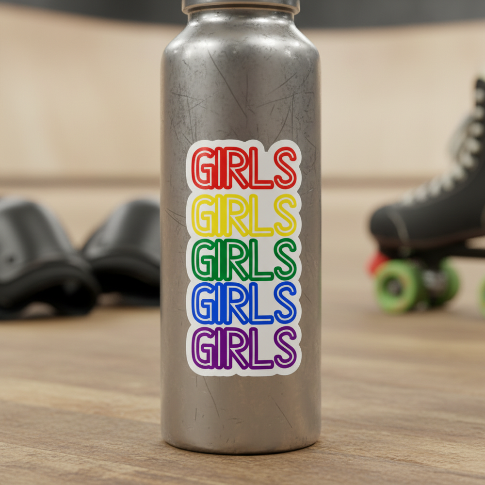 Silver water bottle with a bubble-free sticker reading "GIRLS" five times in bold rainbow colors